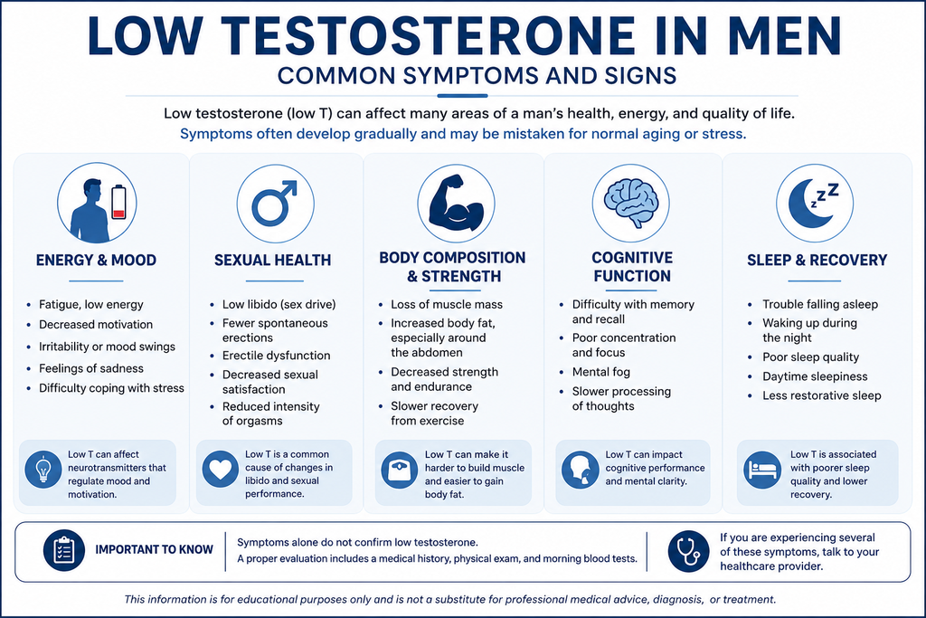 Low testosterone in men common symptoms and signs including fatigue, low libido, muscle loss, cognitive changes, and poor sleep